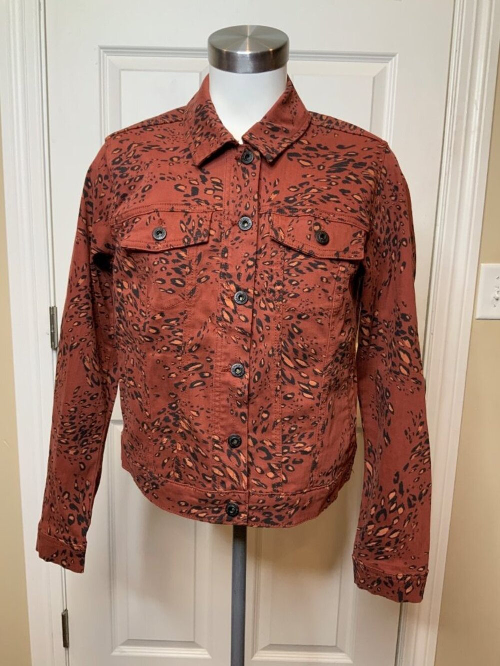 Ella Moss Anthopologie Red Leopard Print Denim Jean Jacket, Size L